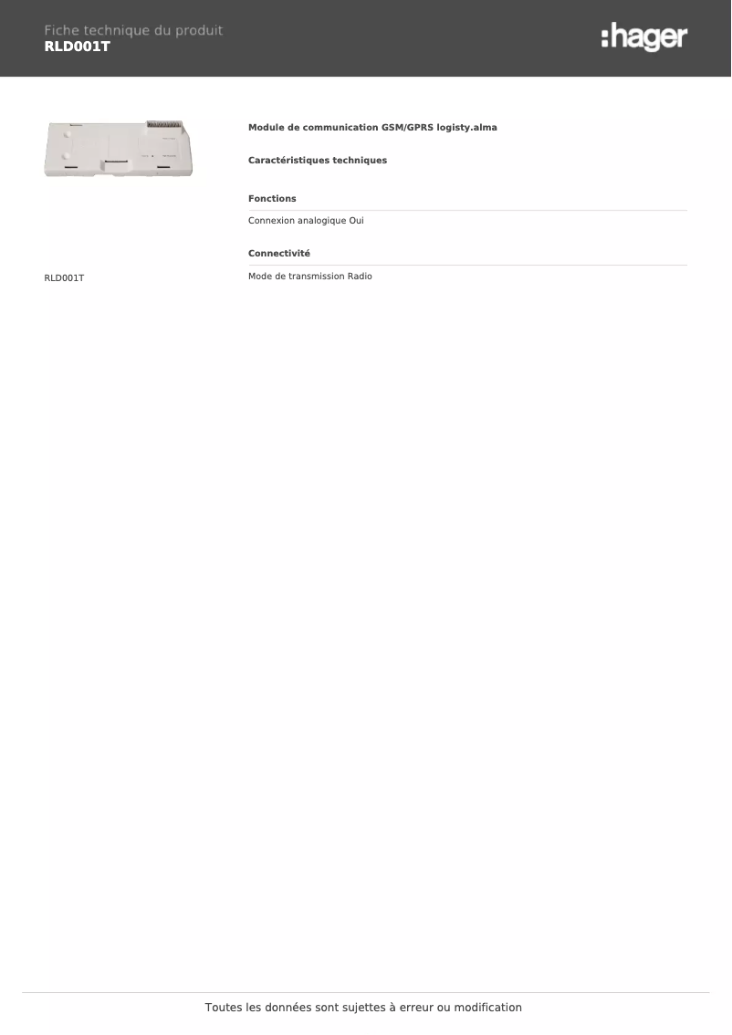 Page n°1 - Fiche technique Hager RLD001T