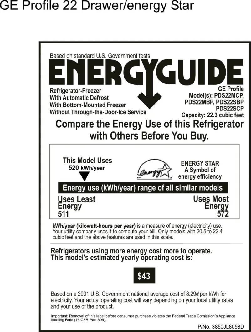 Page n°1 - Label énergétique GE Profile PDS22SBPLSS