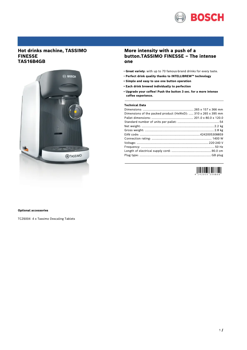 Page n°1 - Fiche technique Bosch Tassimo Finesse TAS16B4