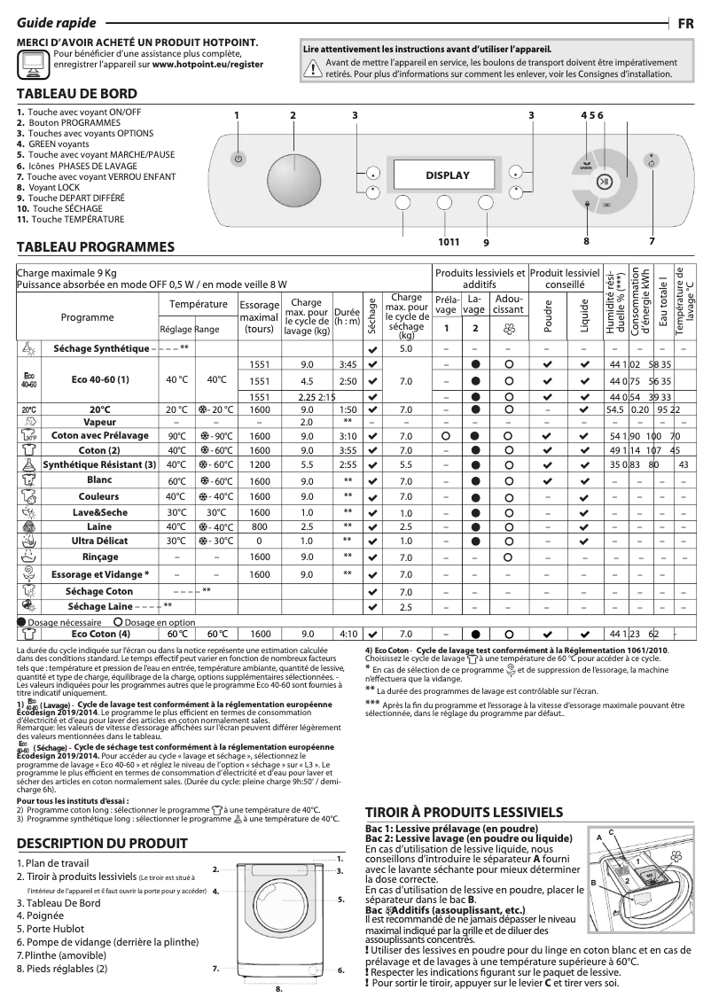 Page 1 de la notice Manuel utilisateur Hotpoint AQD972F697EUN