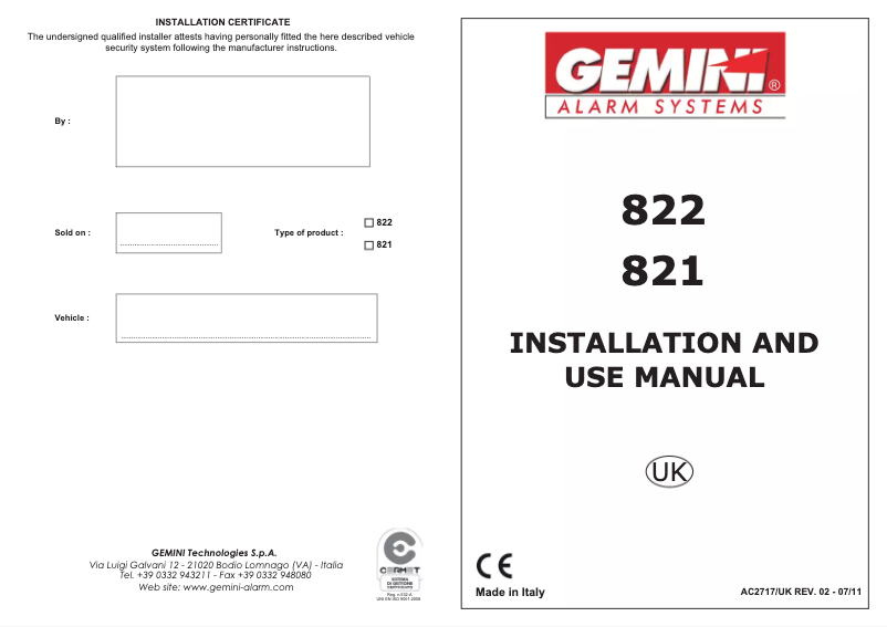 Page 1 de la notice Manuel utilisateur Gemini 821
