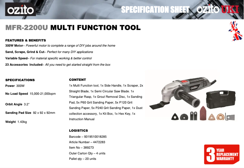 Página 1 del manual Ficha técnica Ozito MFR-2200U