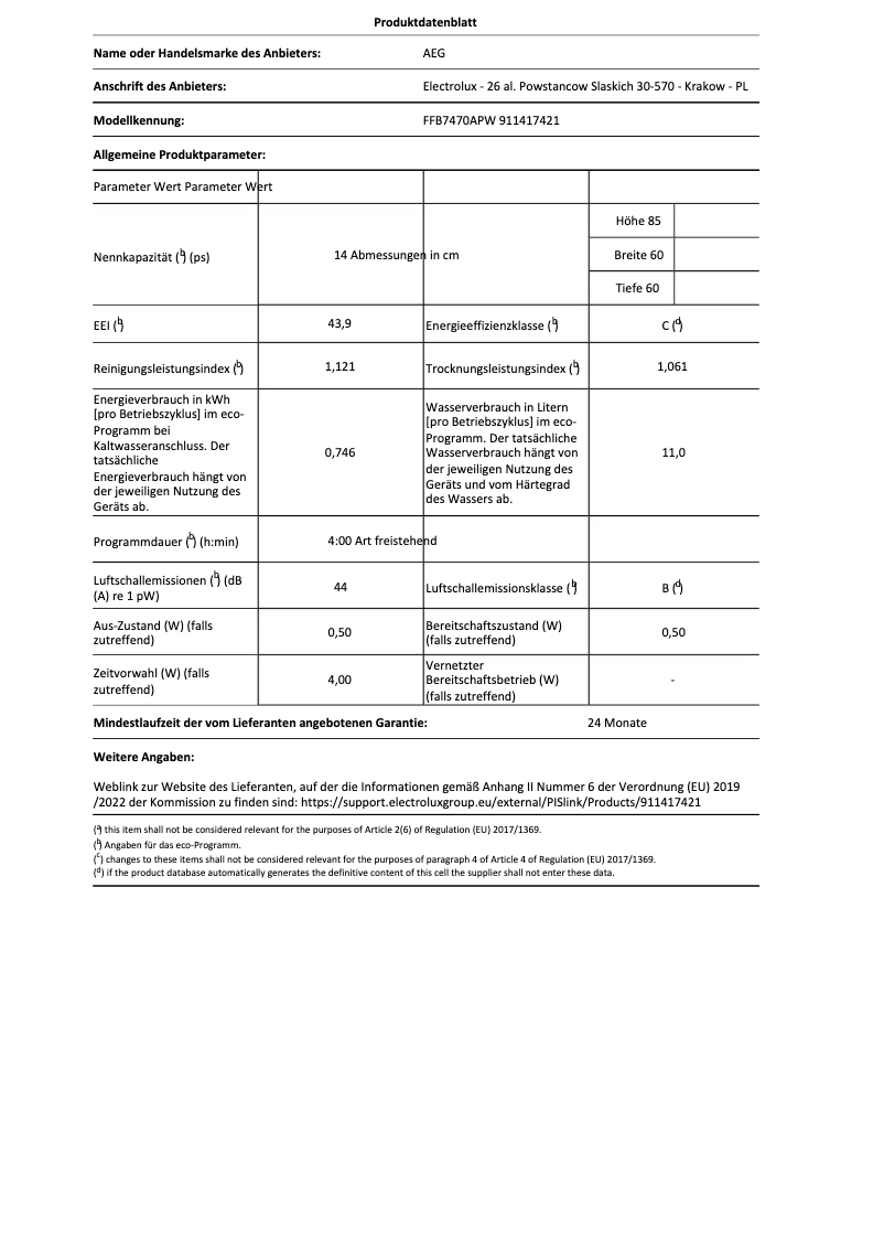 Page 1 de la notice Fiche technique AEG FFB7470APW