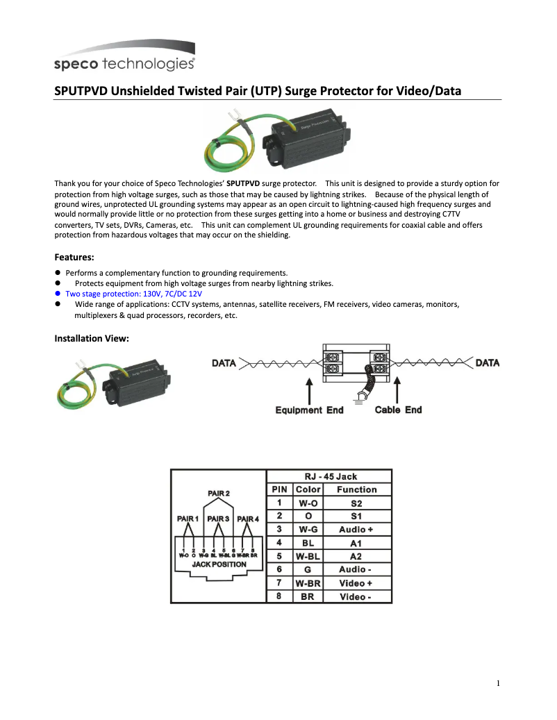Page 1 de la notice Manuel utilisateur Speco Technologies SPUTPVD