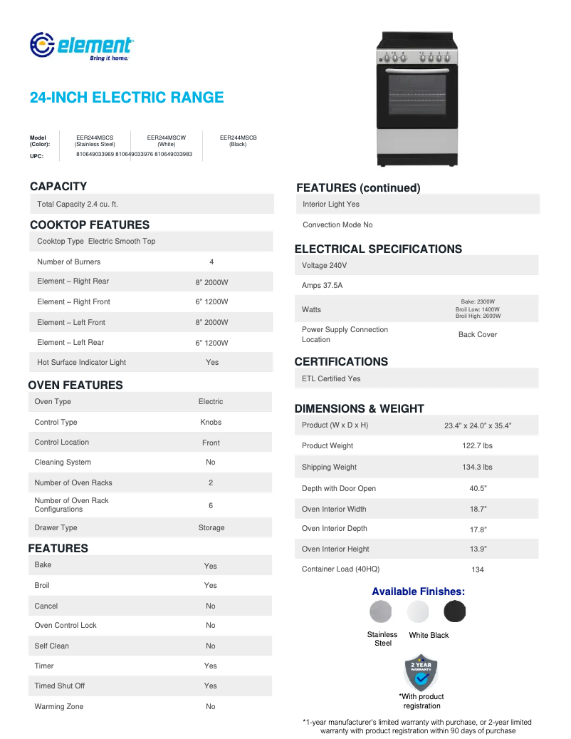 Page 1 de la notice Fiche technique Element EER244MSCB