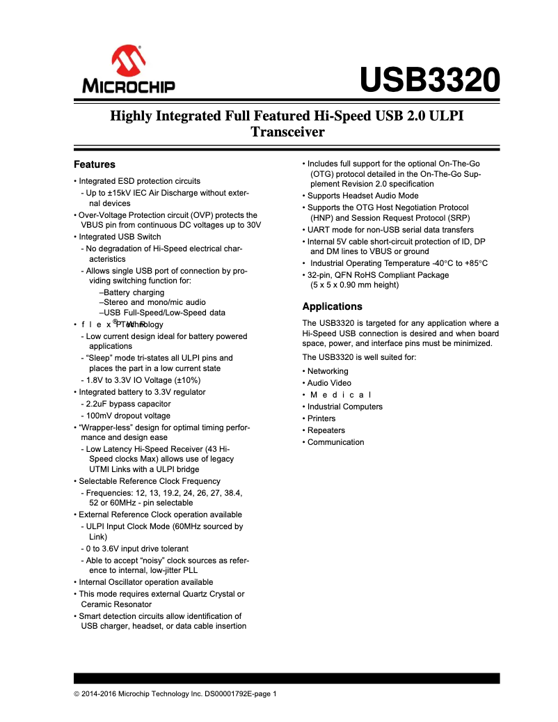 Page 1 de la notice Fiche technique Microchip USB3320