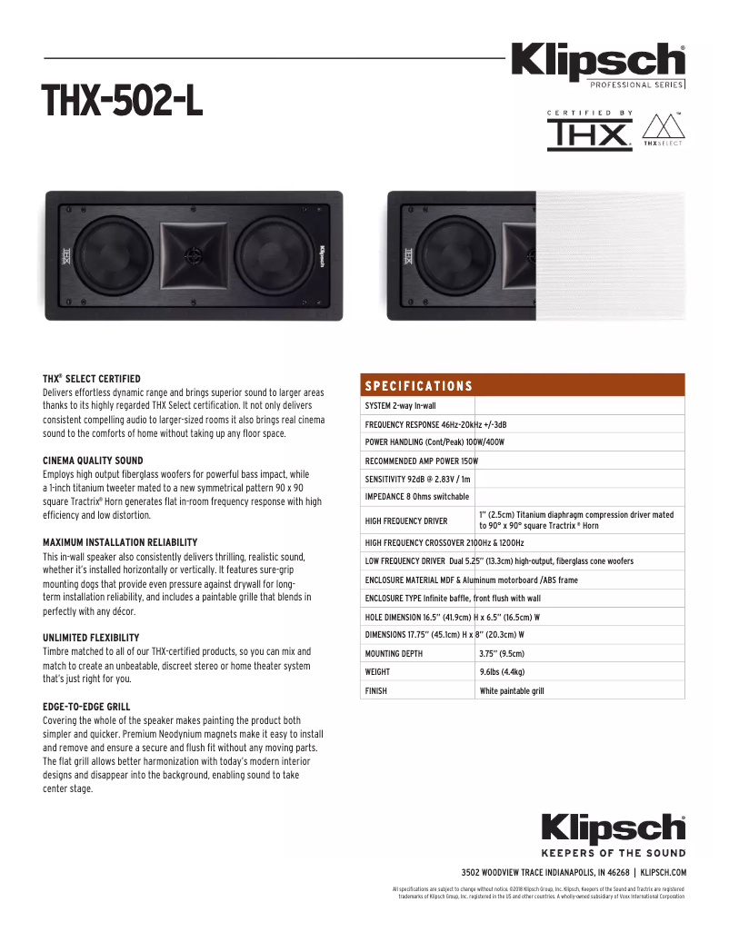 Page 1 de la notice Fiche technique Klipsch THX-502-L