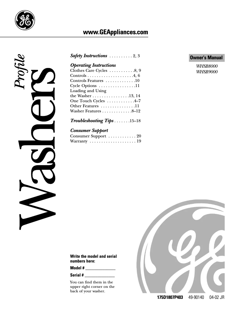 Image de la première page du manuel de l'appareil WHSB9000BWW