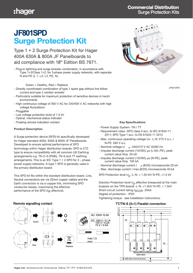 Page 1 de la notice Fiche technique Hager JF801SPD