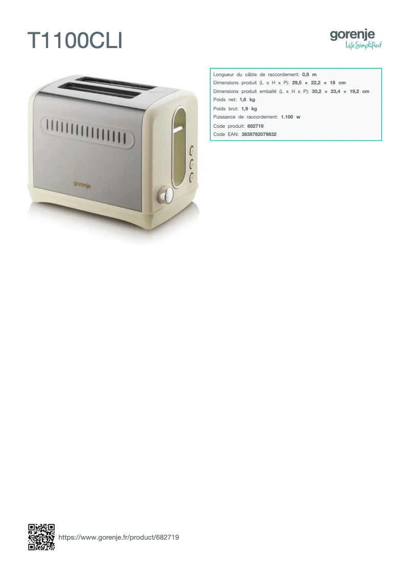 Page n°1 - Fiche technique Gorenje T1100CLI