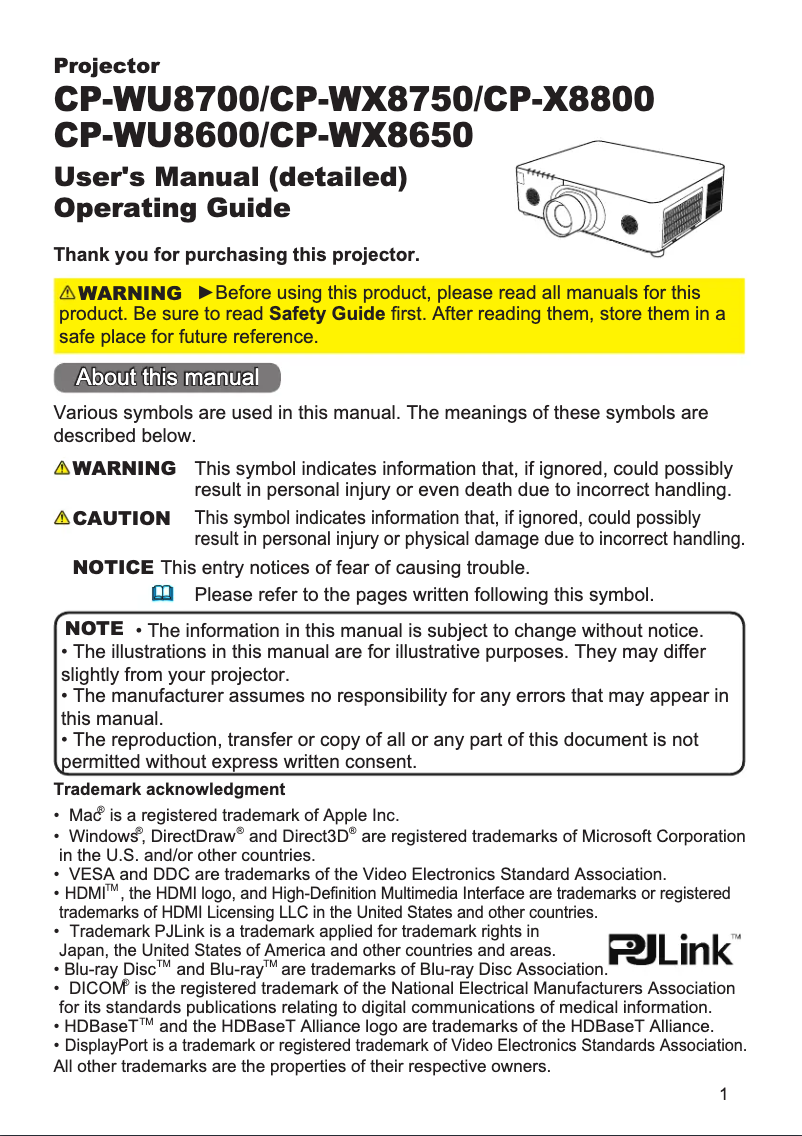 Page 1 de la notice Manuel utilisateur Hitachi CP-X8800