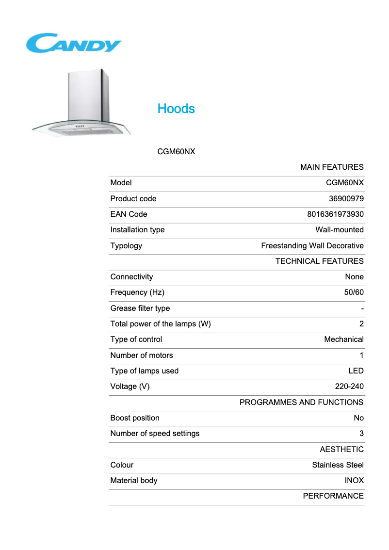 Page 1 de la notice Fiche technique Candy CGM60NX