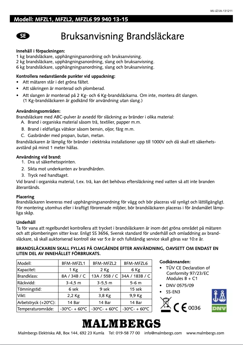 Page n°1 - Manuel utilisateur Malmbergs MFZL2