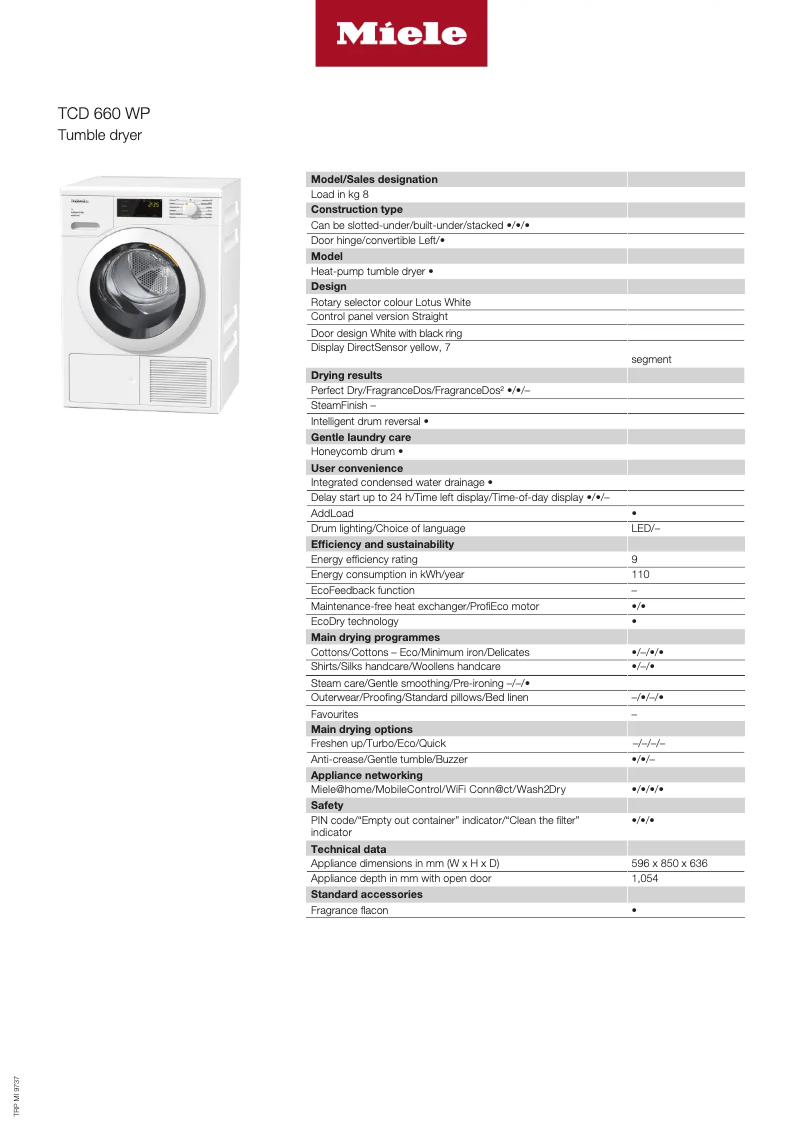 Page n°1 - Fiche technique Miele TCD660 WP EcoSpeed