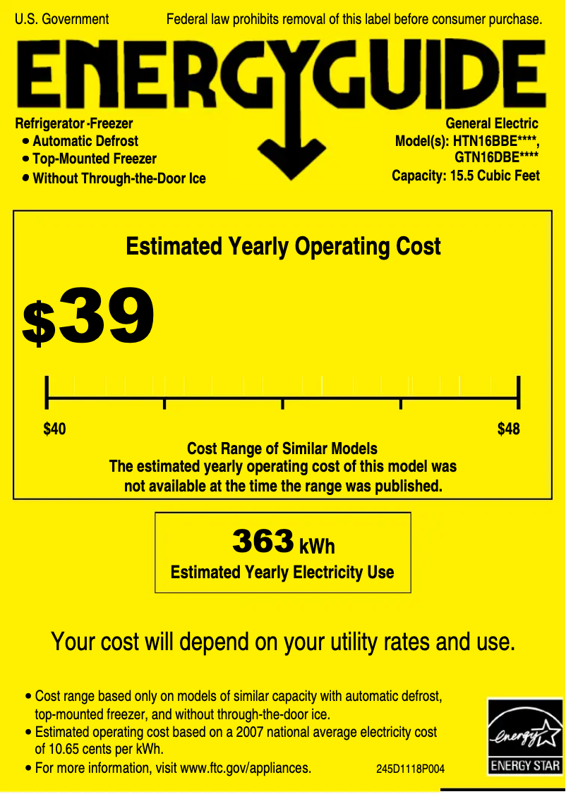 Page 1 de la notice Label énergétique GE GTN16DBEWW
