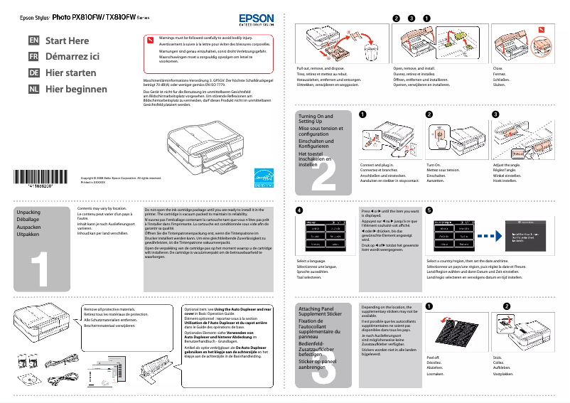 Page 1 de la notice Guide d'installation Epson Stylus Photo PX810FW