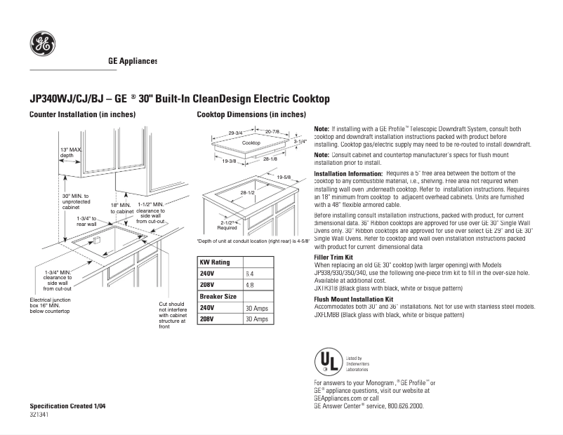 Page n°1 - Fiche technique GE JP340WJWW