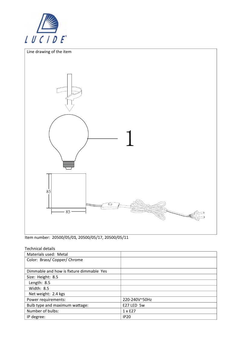 Page 1 de la notice Manuel utilisateur Lucide Cubico 20500/05/17