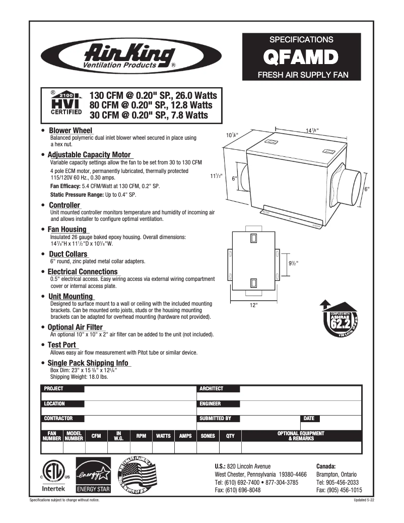 Page n°1 - Fiche technique Air King QFAMD