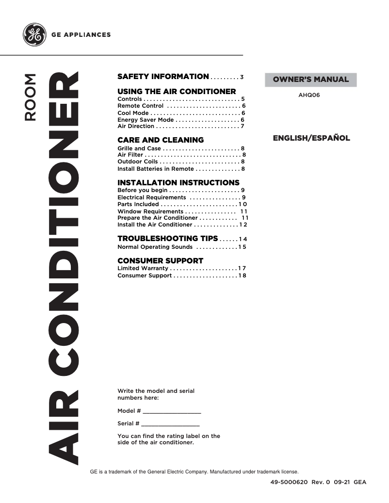 Page 1 de la notice Guide d'installation GE AHQ06LY