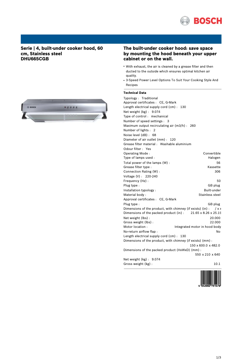 Página 1 del manual Ficha técnica Bosch DHU665CGB