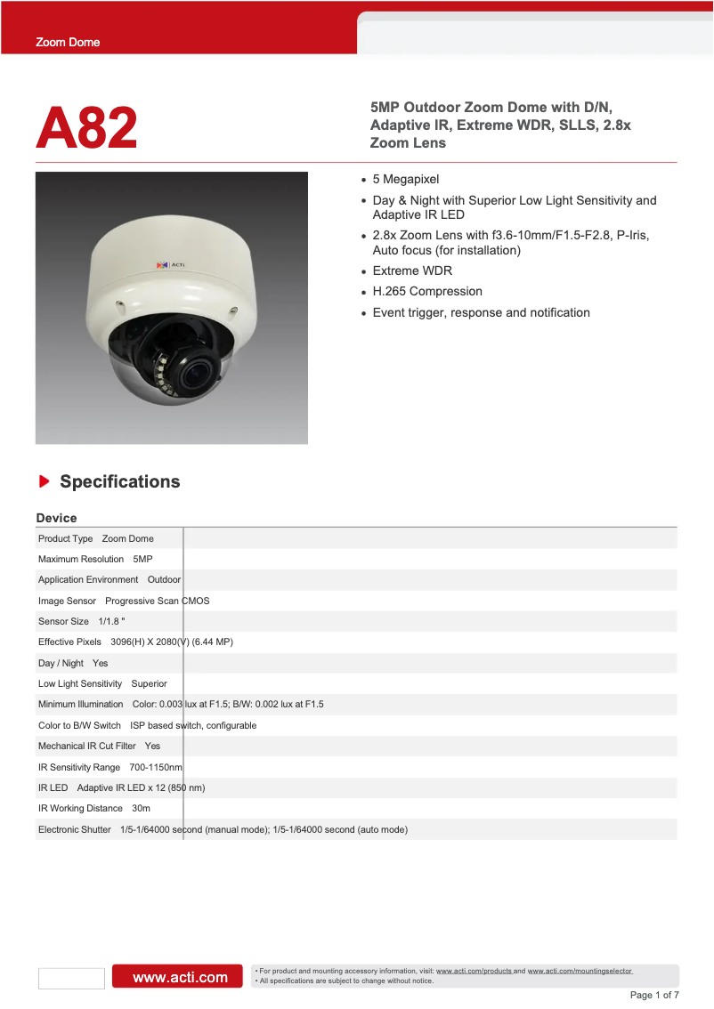 Page 1 de la notice Fiche technique ACTi A82