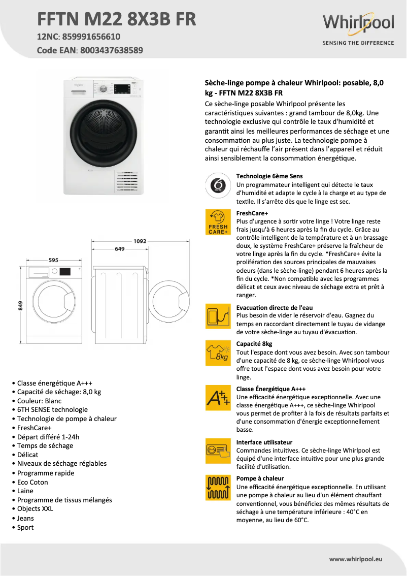 Page n°1 - Fiche technique Whirlpool FFTN M22 8X3B FR