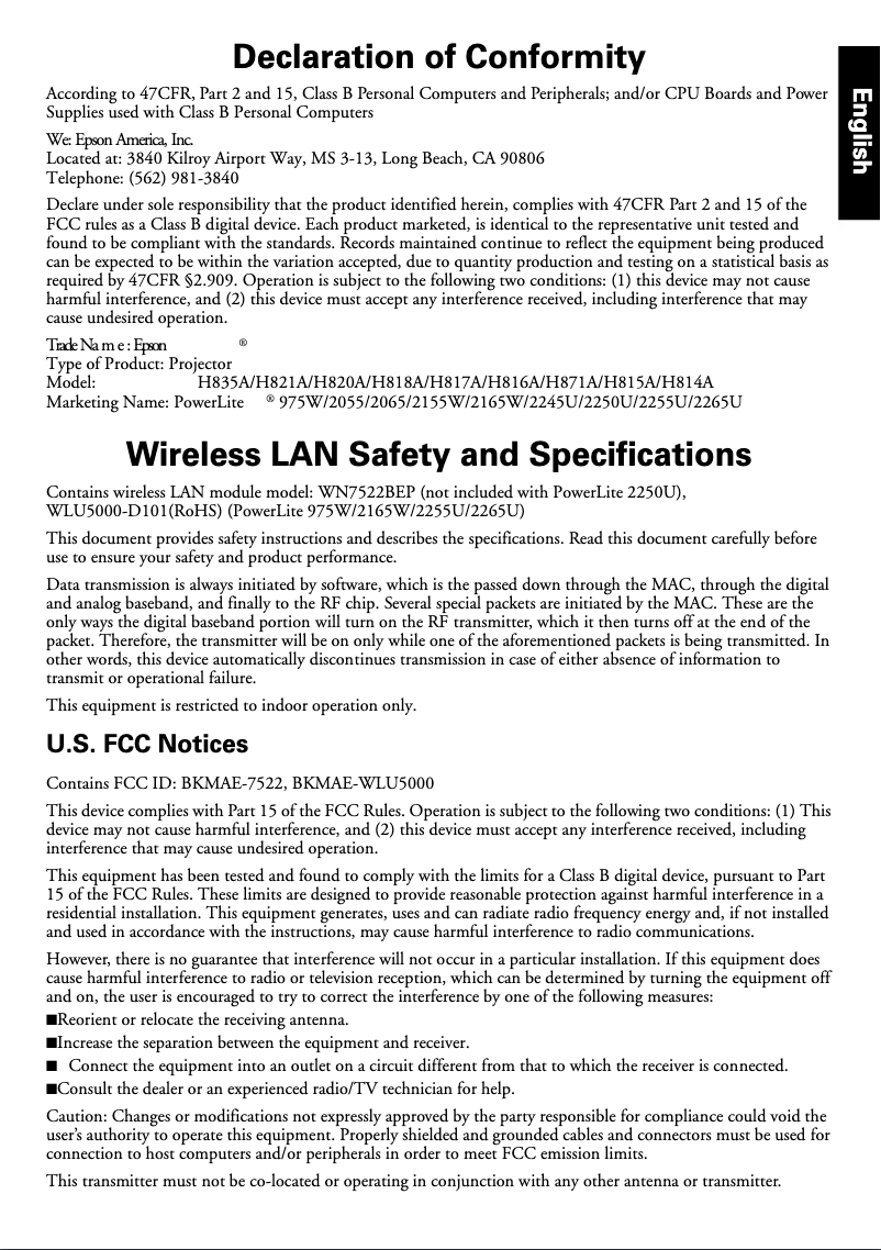 Página 1 del manual Información de garantía Epson PowerLite 2065