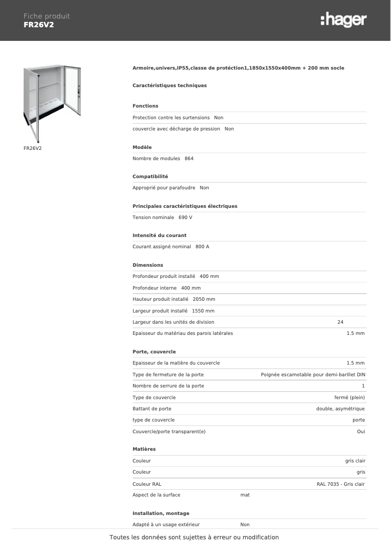 Page n°1 - Fiche technique Hager FR26V2