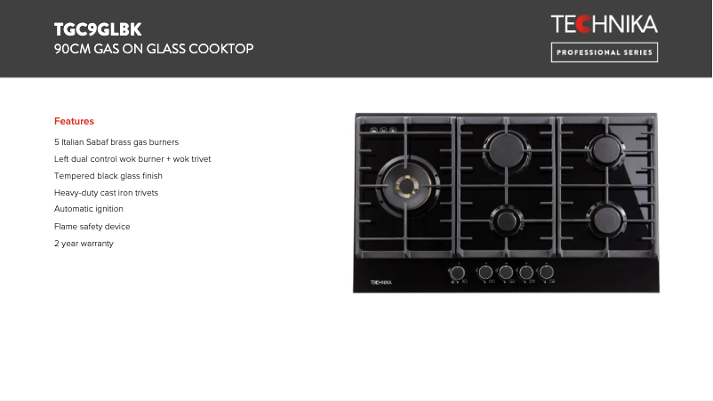 Page 1 de la notice Fiche technique Technika TGC9GLBK