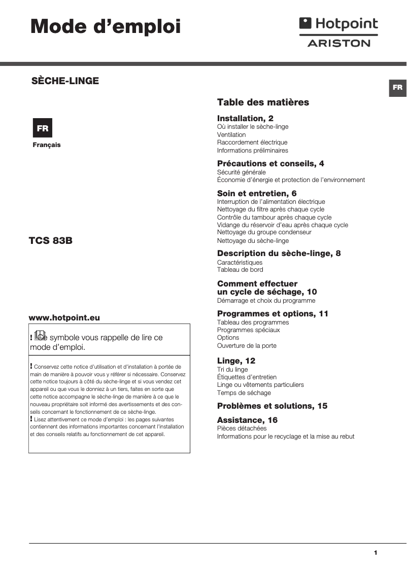 Page n°1 - Manuel utilisateur Hotpoint TCS 83B P (FR)
