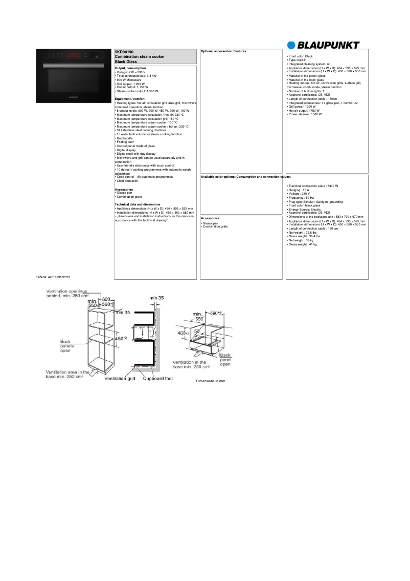 Página 1 del manual Ficha técnica Blaupunkt 5KD94190