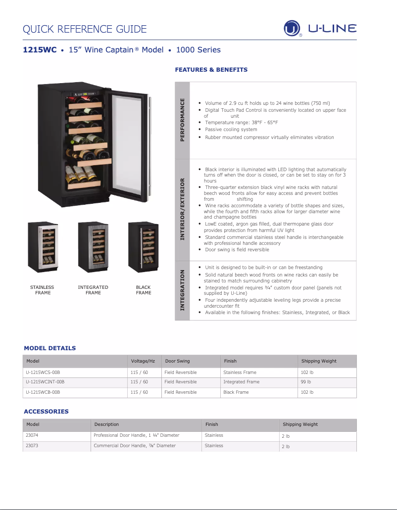 Page n°1 - Fiche technique U-Line U-1215WCINT-00B