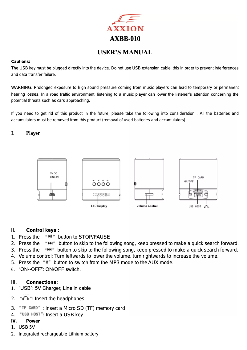 Page n°1 - Manuel utilisateur Axxion AXBB-010