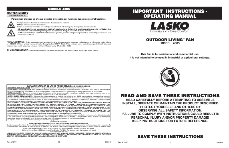 Página 1 del manual Manual de usuario Lasko Outdoor Living 4305