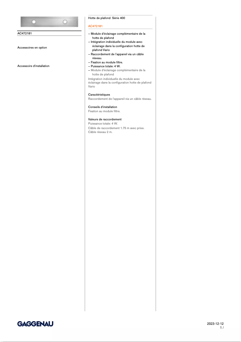 Página 1 del manual Ficha técnica Gaggenau AC472181