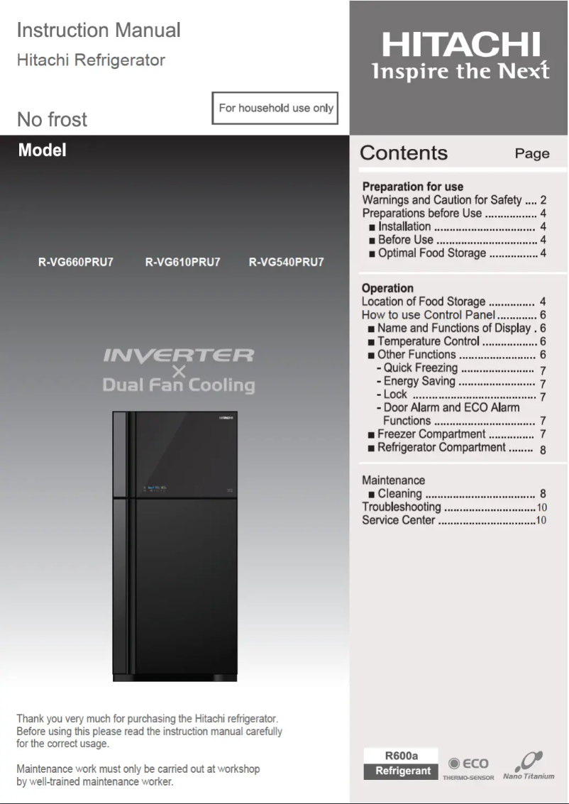 Page 1 de la notice Manuel utilisateur Hitachi R-VG610PRU7