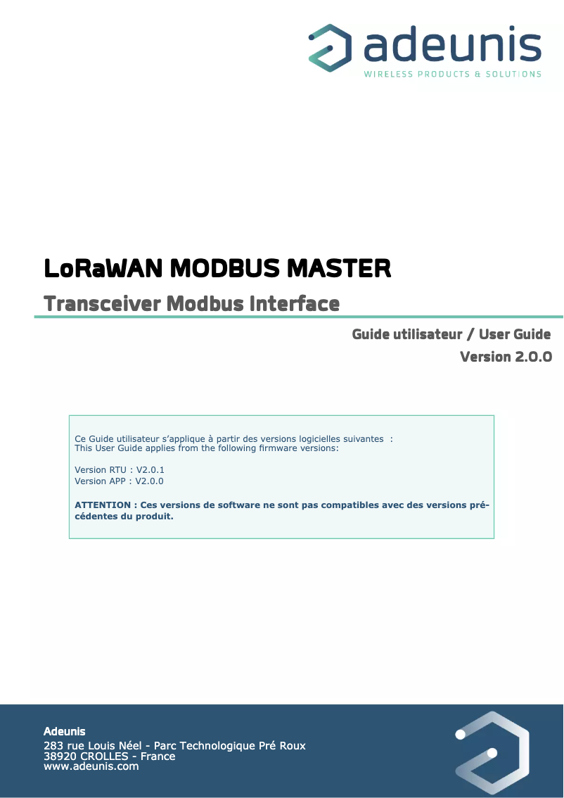 Page 1 de la notice Manuel utilisateur Adeunis ARF8240AA