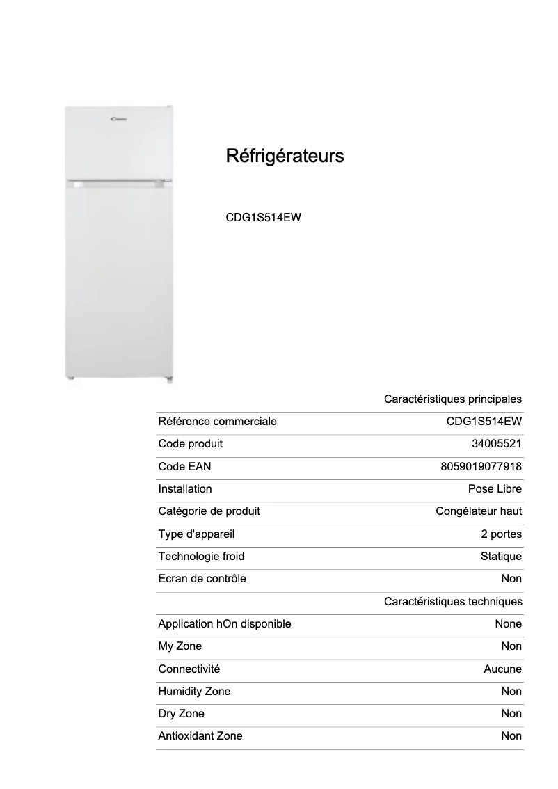Page 1 de la notice Fiche technique Candy CDG1S514EW