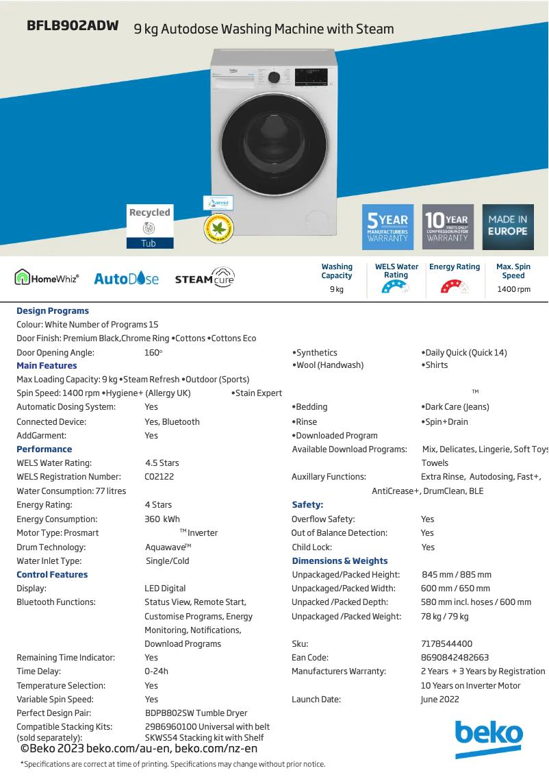Page 1 de la notice Fiche technique Beko BFLB902ADW