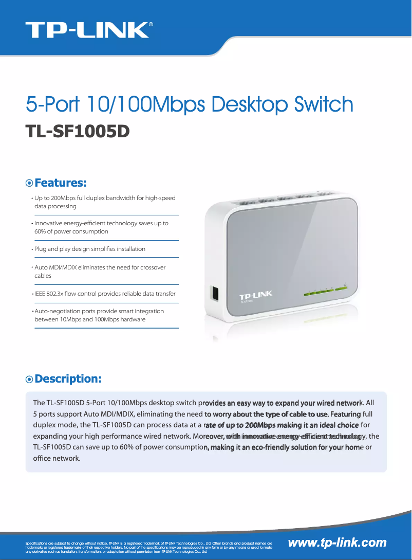 Page 1 de la notice Brochure TP-Link TL-SF1005D