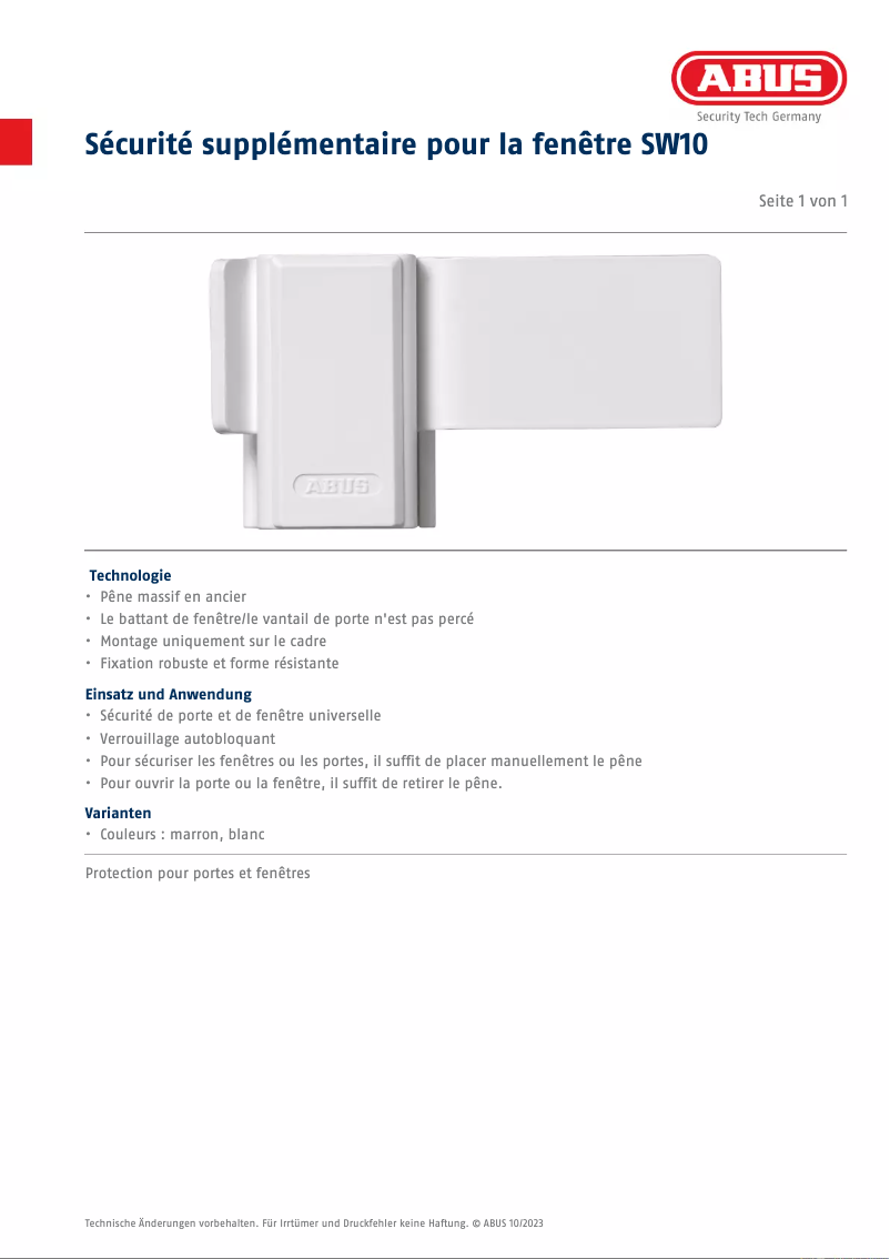Page 1 de la notice Fiche technique Abus SW10