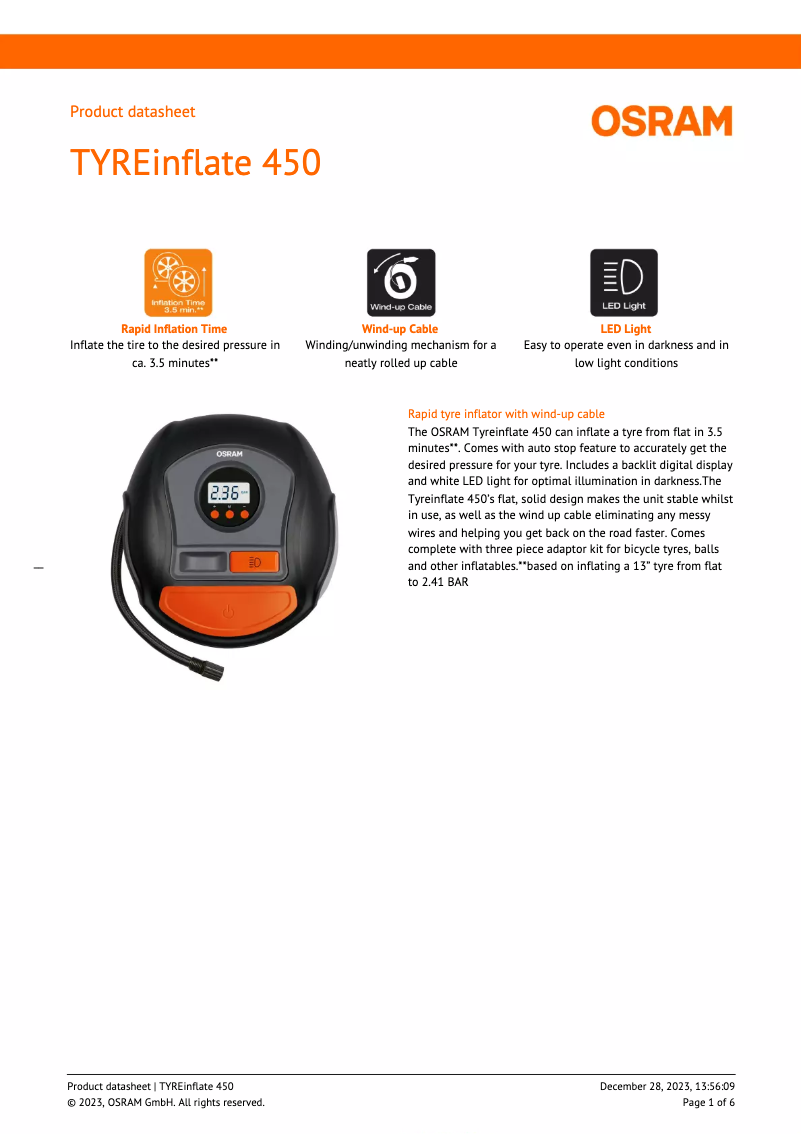 Page n°1 - Fiche technique Osram TYREinflate 450