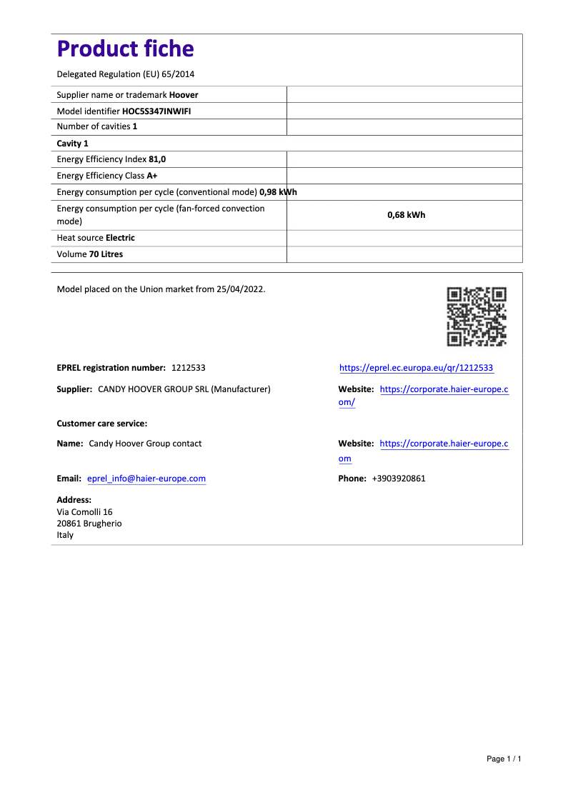 Página 1 del manual Ficha técnica Hoover H-OVEN 500 HOC5S347INWIFI