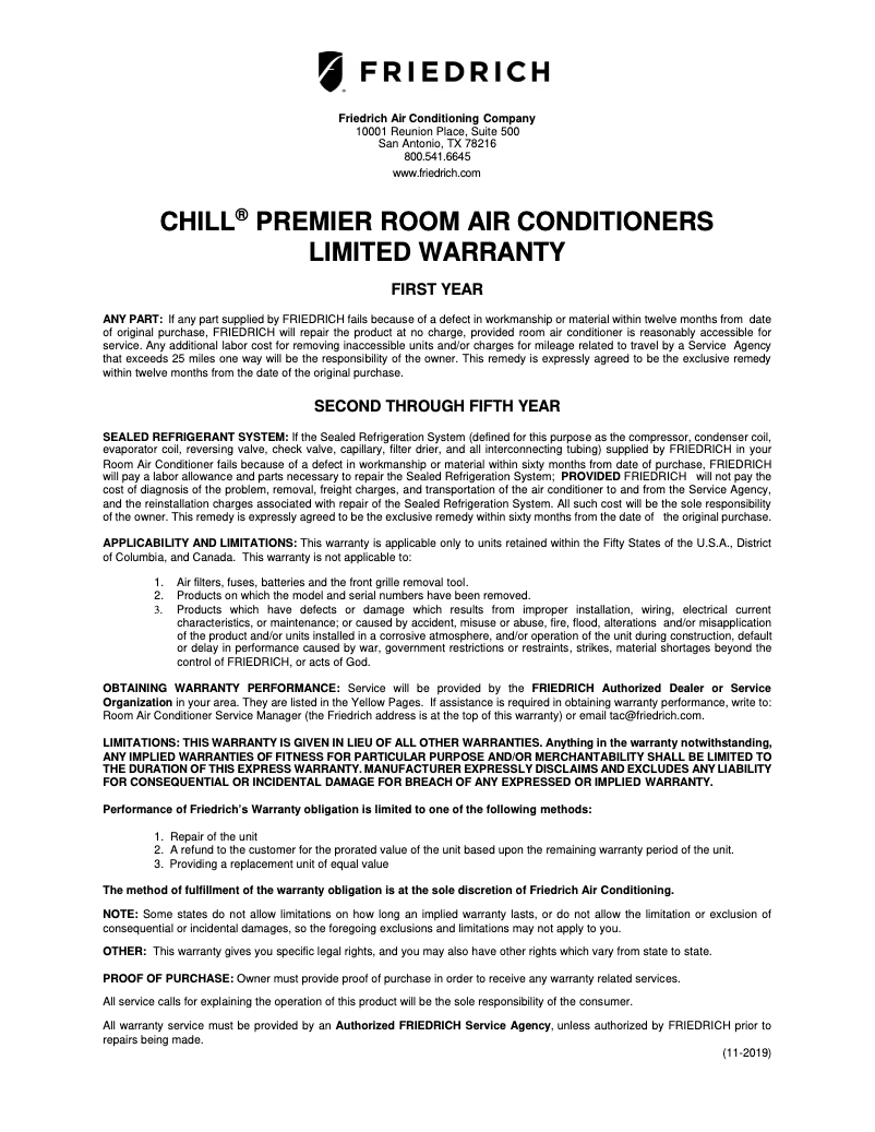 Página 1 del manual Información de garantía Friedrich CEW12B33A