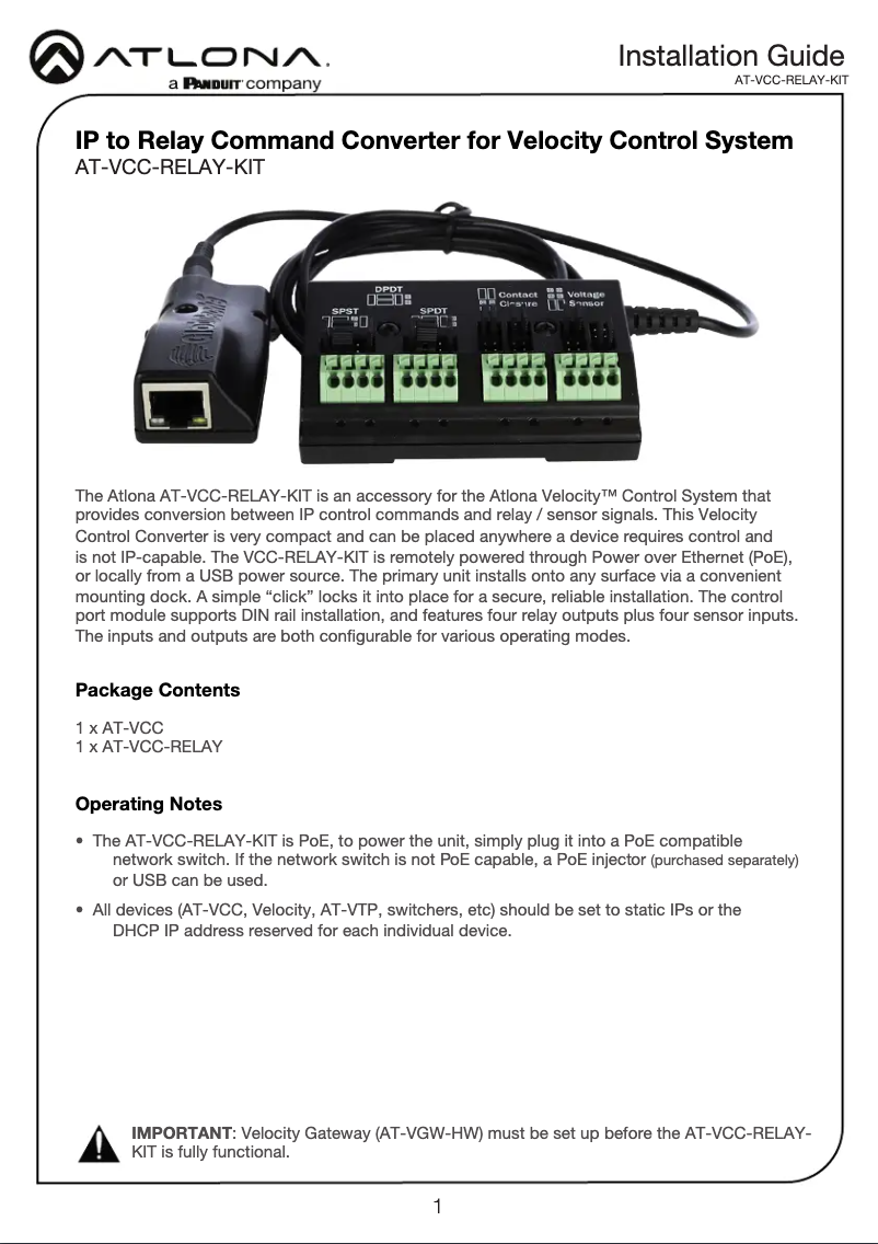 Page 1 de la notice Guide d'installation Atlona AT-VCC-RELAY-KIT