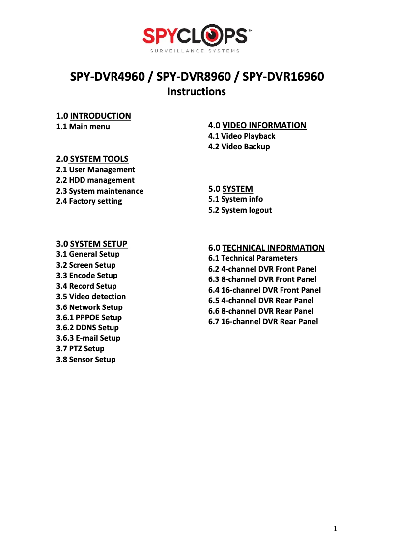 Image de la première page du manuel de l'appareil SPY-DVR8960