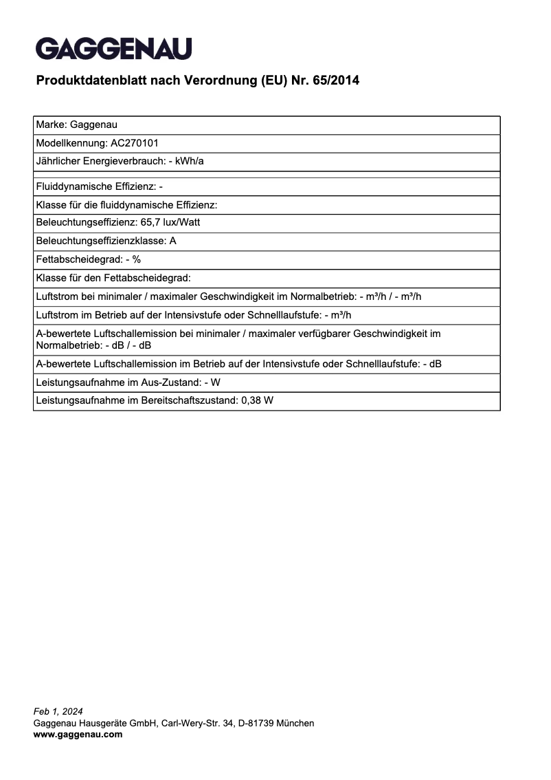 Page 1 de la notice Fiche technique Gaggenau AC270101