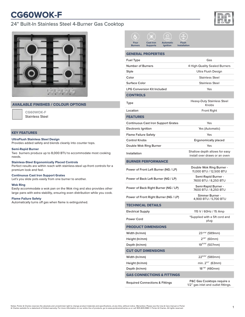 Page 1 de la notice Fiche technique Porter & Charles CG60WOK-F