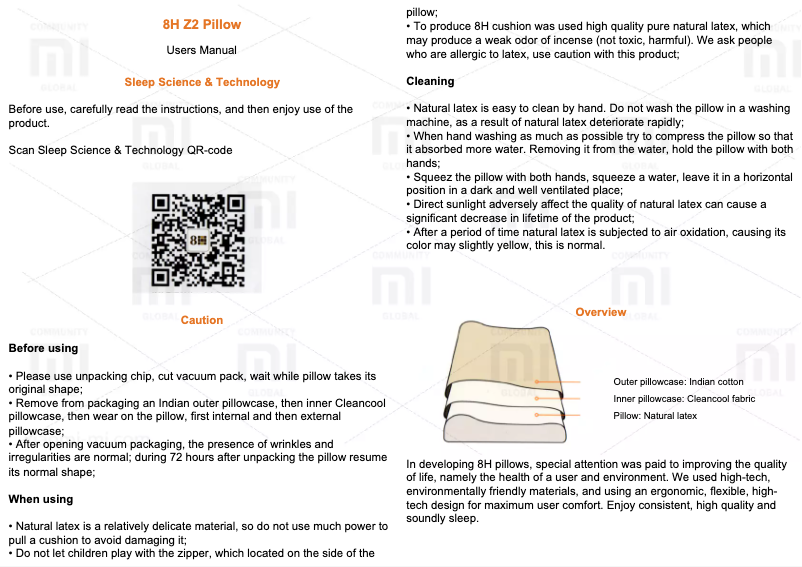 Page 1 de la notice Manuel utilisateur Xiaomi Mi 8H Z2 Pillow
